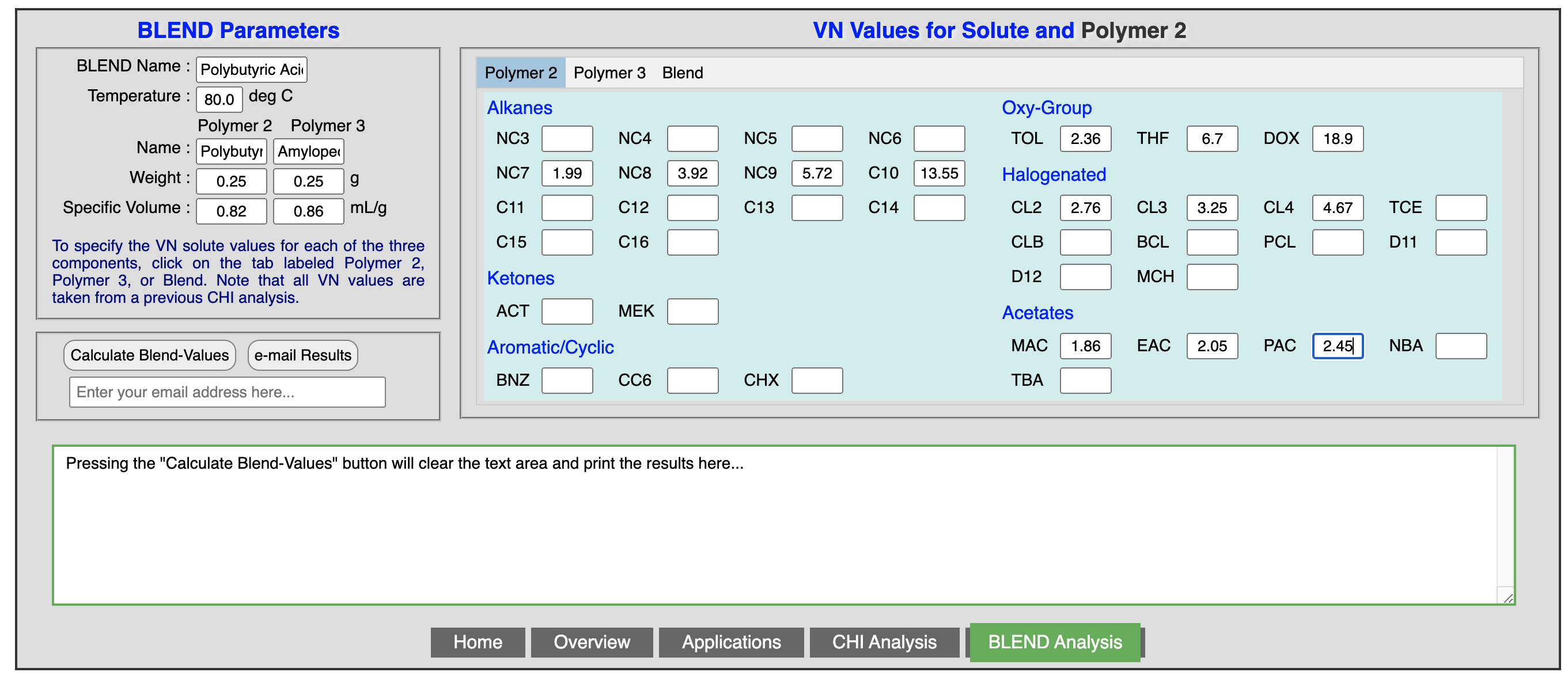 Sample data entry table for the solvent and polymer 2