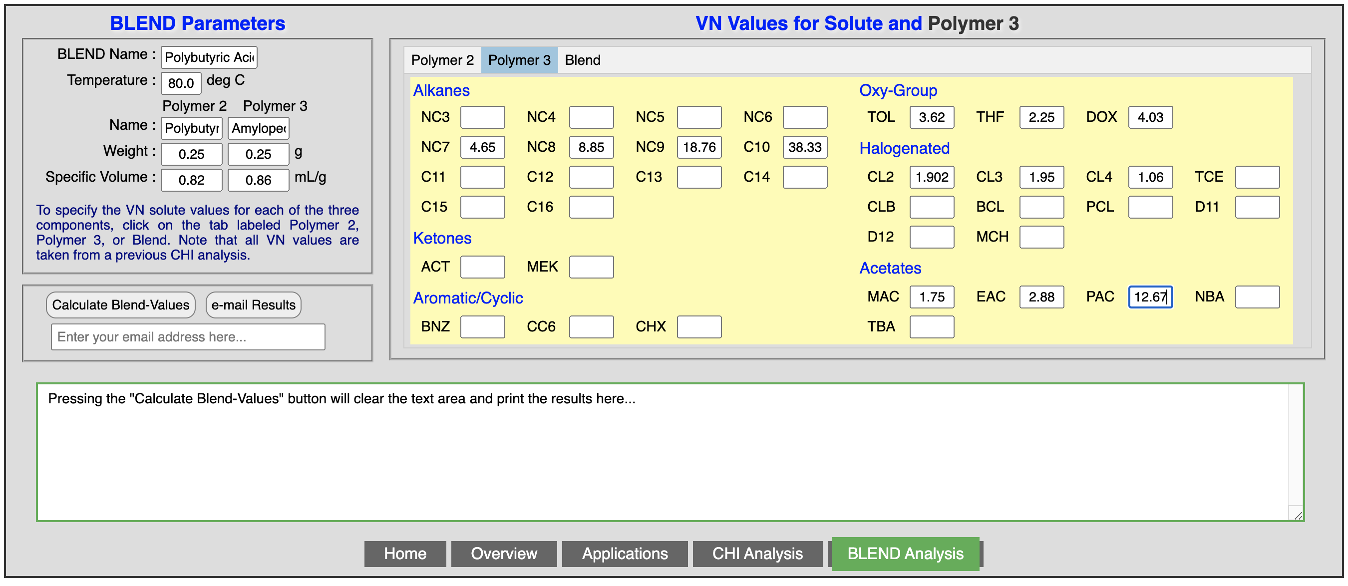 Sample data entry table for the solvent and polymer 3