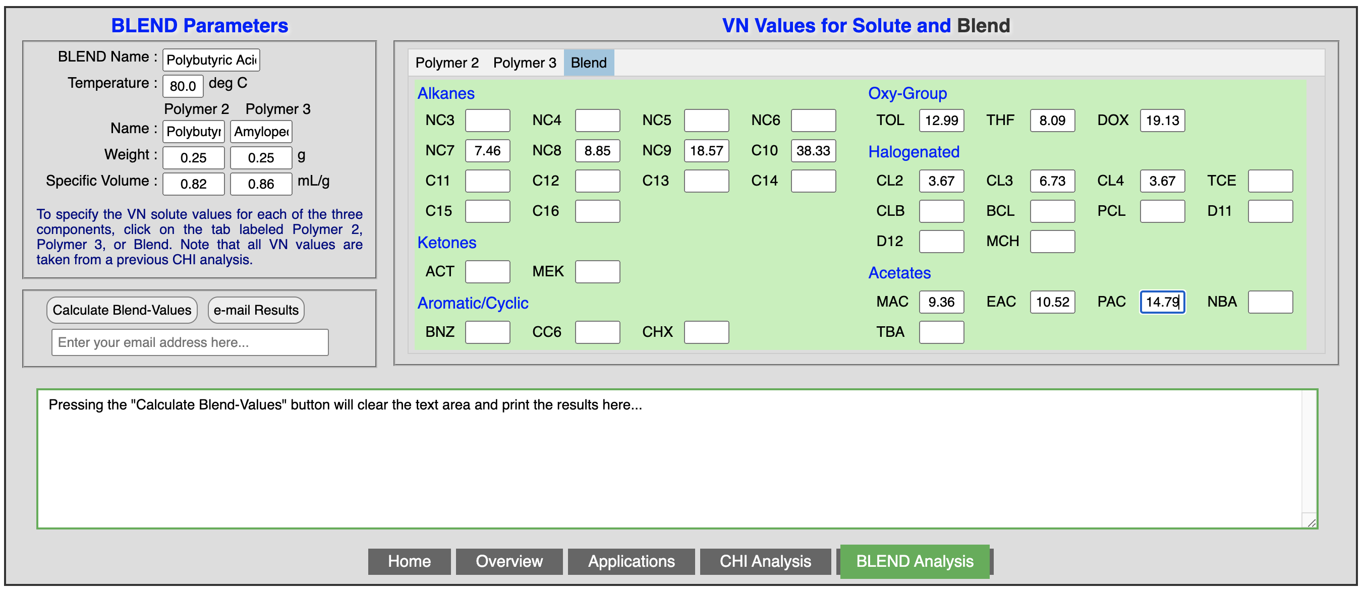 Sample data entry table for the solvent and the blend of polymers 2 and 3